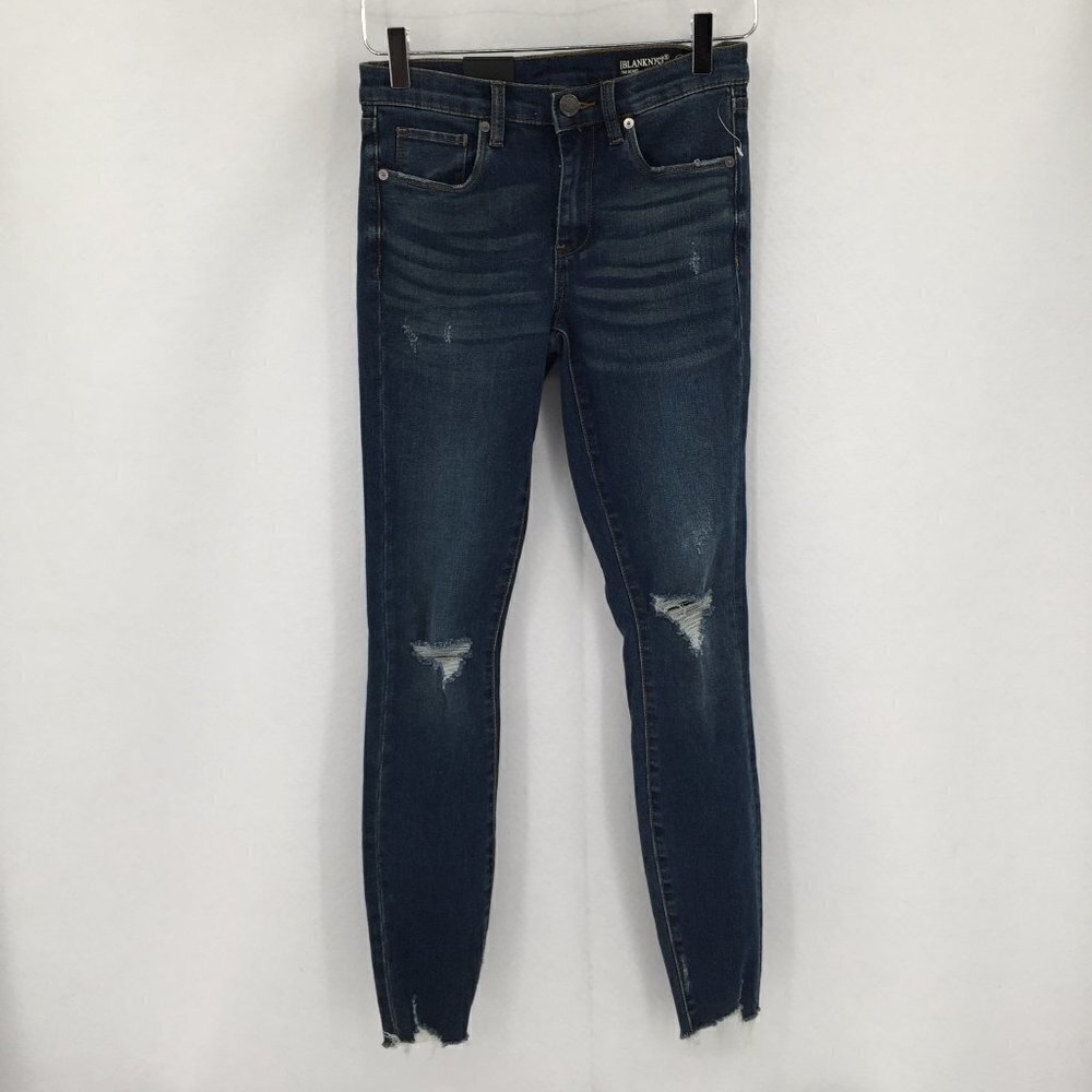 Blank NYC The Bond Mid-rise skinny jeans distressed raw hem rip knee new 25